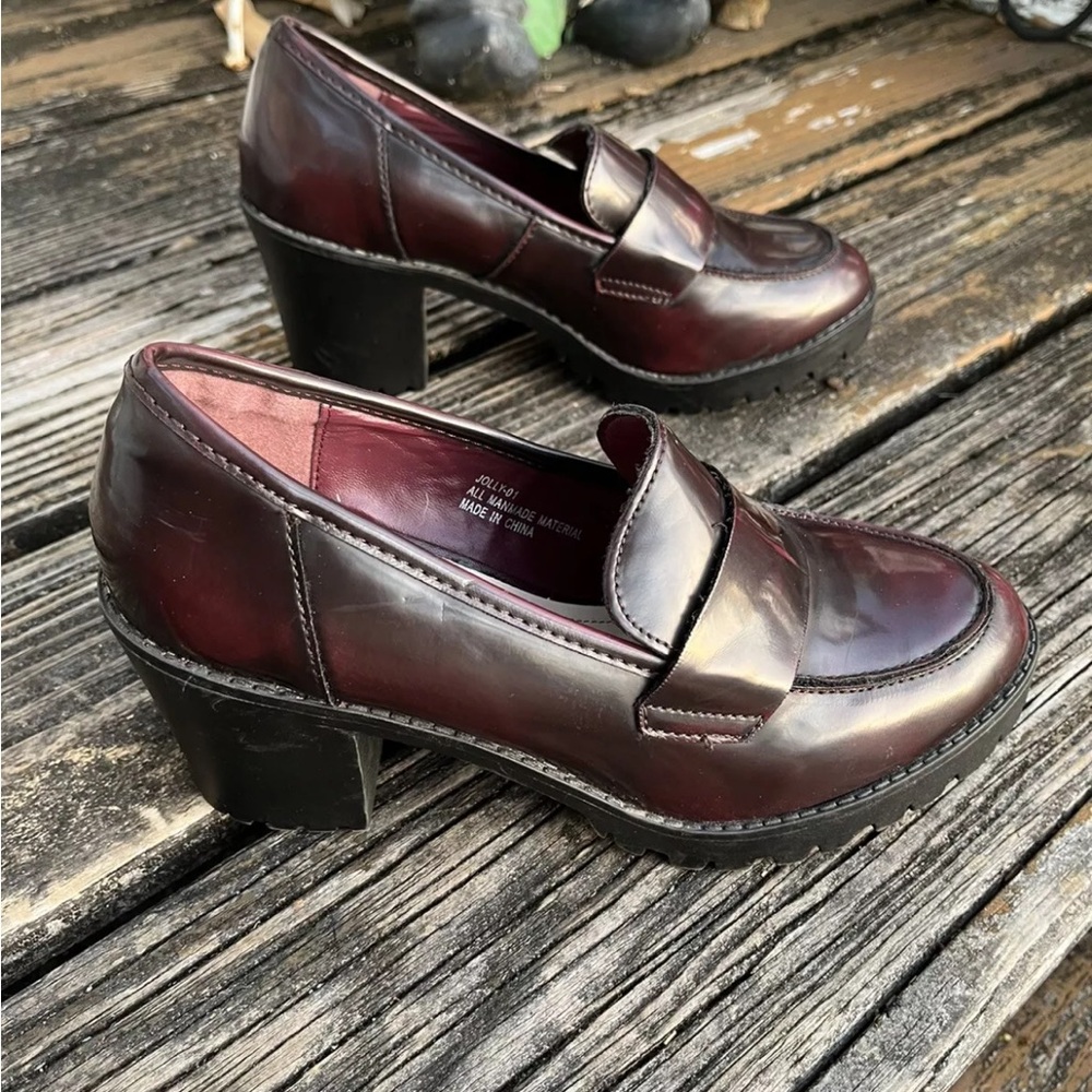 Rouge Helium Chunky Heels Platform Loafers Size 8 EU 38 Burgundy Black Retro - Picture 3 of 9